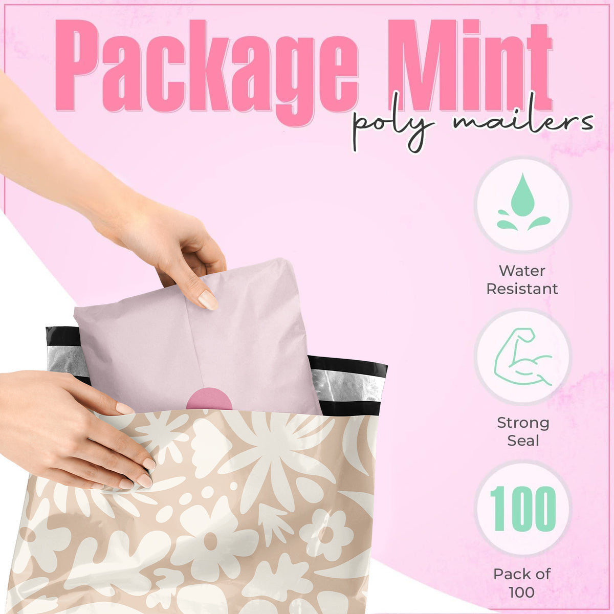 Package Mint Poly Mailers 10x13 - 100 Pack Boho Tropical Design Poly Mailers Shipping Bags - Waterproof, Tear-Resistant, Self-Adhesive Seal - Decorative Mailing Bags for Clothes, Accessories