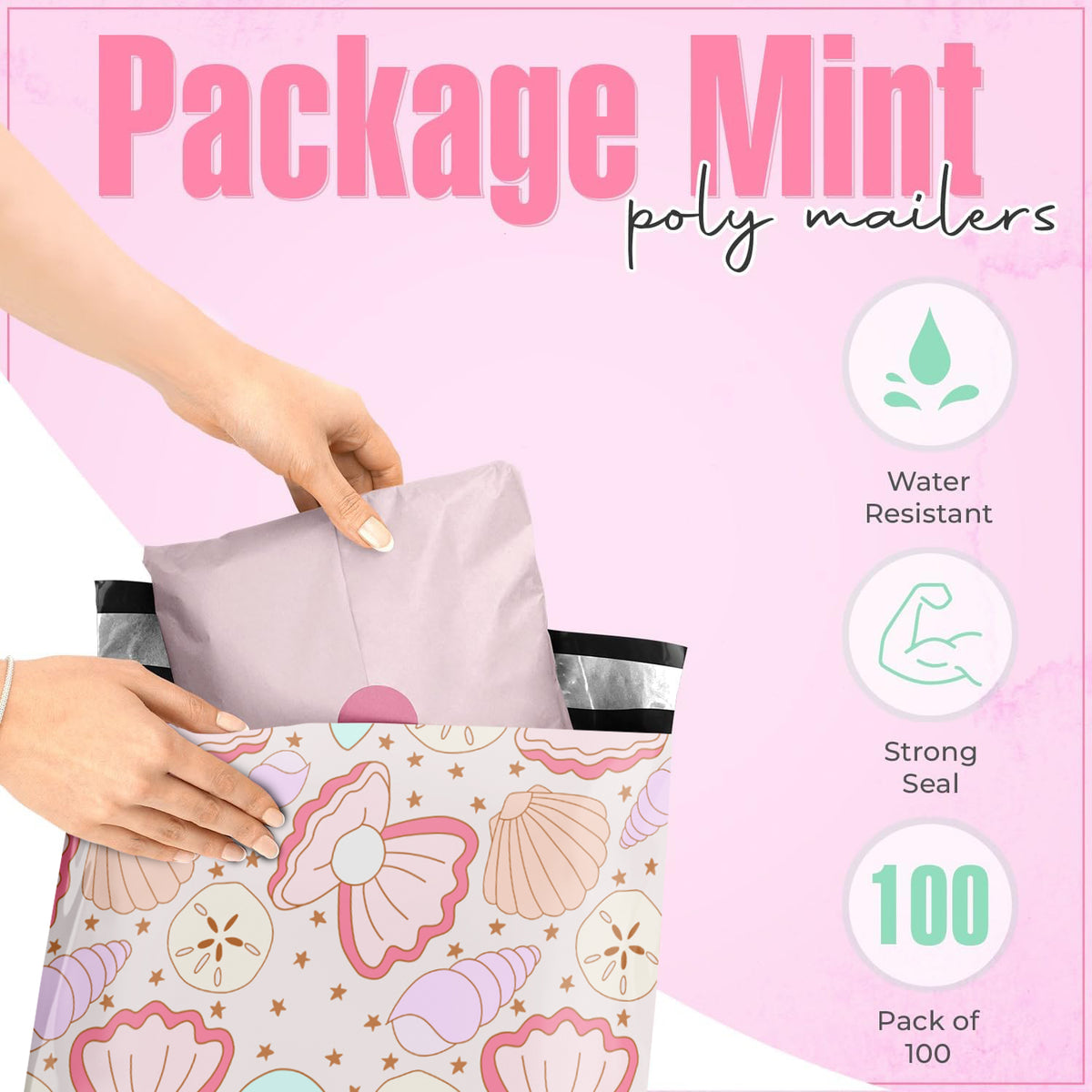 Package Mint Poly Mailers 10x13 - 100 Pack Coastal Seashells Design Poly Mailers Shipping Bags - Waterproof, Tear-Resistant, Self-Adhesive Seal - Decorative Mailing Bags for Clothes, Accessories