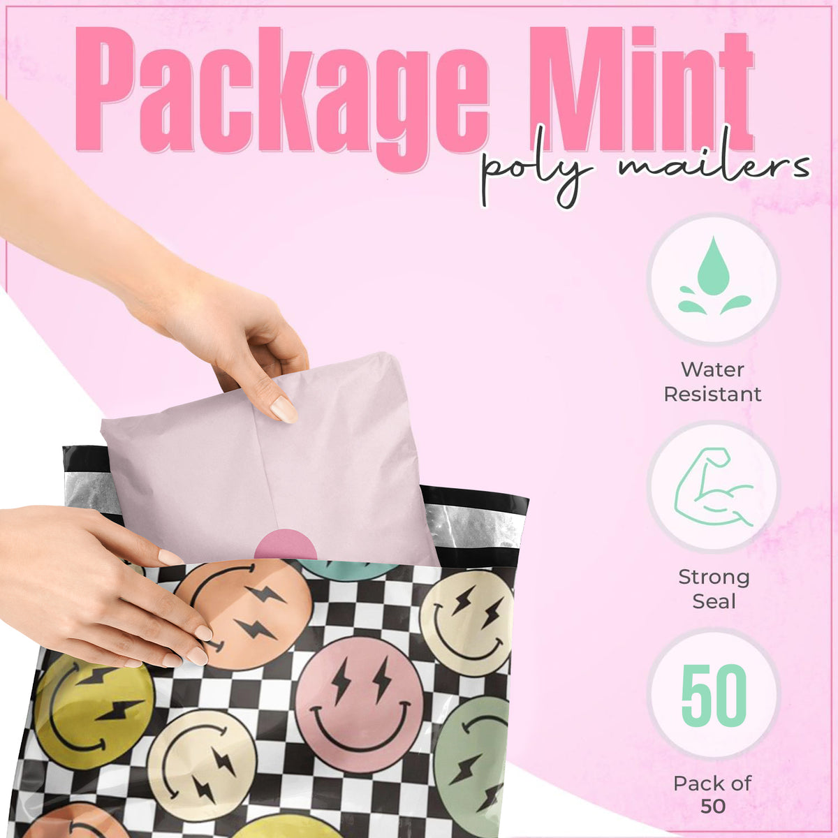 Package Mint 12x15 Poly Mailers - 50 Pack Smiles Checkerboard Design Poly Mailers Shipping Bags - Waterproof, Tear-Resistant, Self-Adhesive Seal - Decorative Mailing Bags for Clothes, Accessories