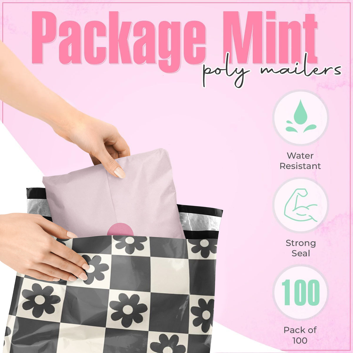 Package Mint 14x19 Poly Mailers - 100 Pack Daisy Checkerboard Design Poly Mailers Shipping Bags - Waterproof, Tear-Resistant, Self-Adhesive Seal - Decorative Mailing Bags for Clothes, Accessories
