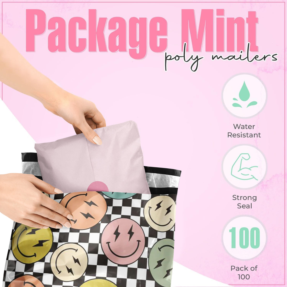 Package Mint 12x15 Poly Mailers - 100 Pack Smiles Checkerboard Design Poly Mailers Shipping Bags - Waterproof, Tear-Resistant, Self-Adhesive Seal - Decorative Mailing Bags for Clothes, Accessories