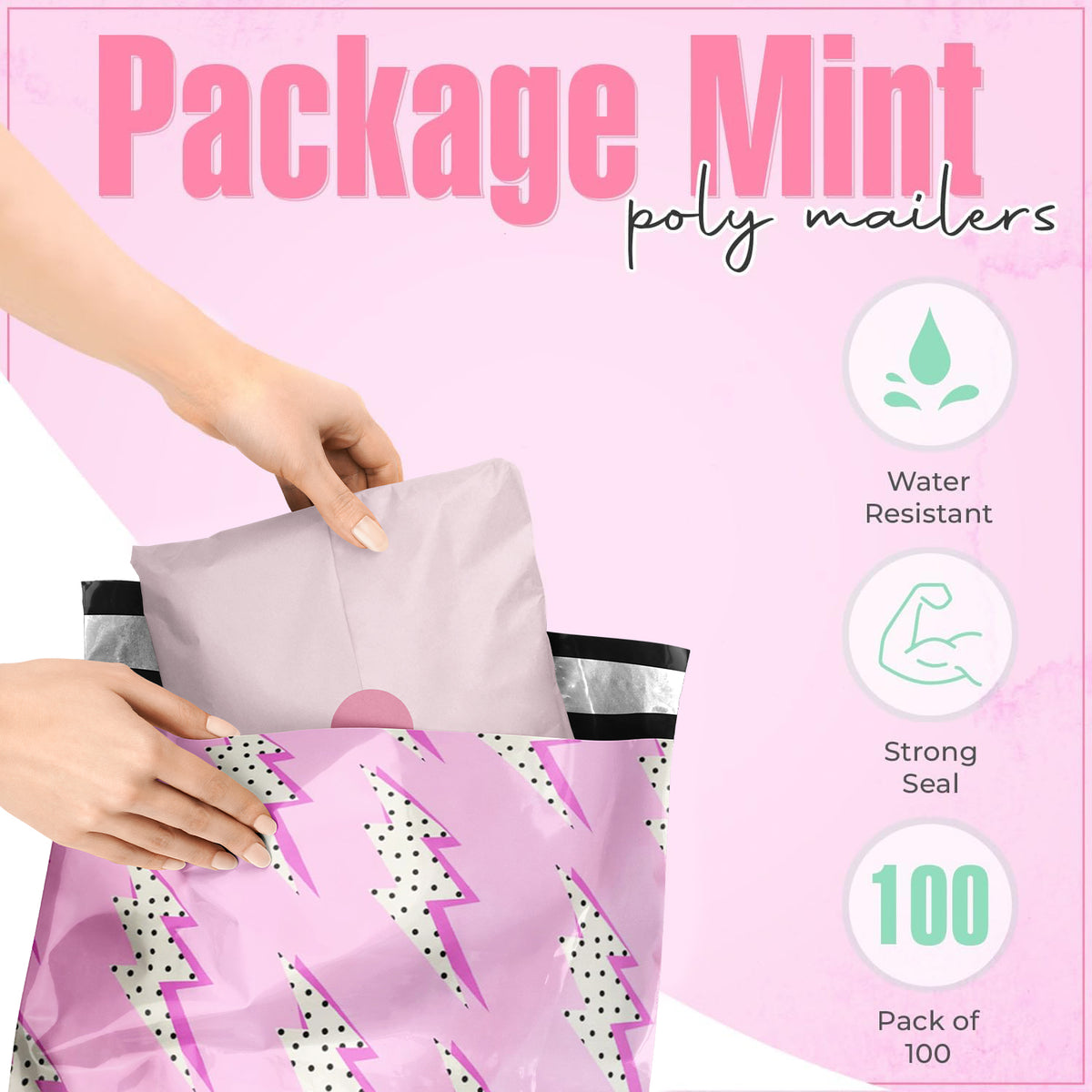 Package Mint 12x15 Poly Mailers - 100 Pack Lightning Bolt Design Poly Mailers Shipping Bags - Waterproof, Tear-Resistant, Self-Adhesive Seal - Decorative Mailing Bags for Clothes, Accessories