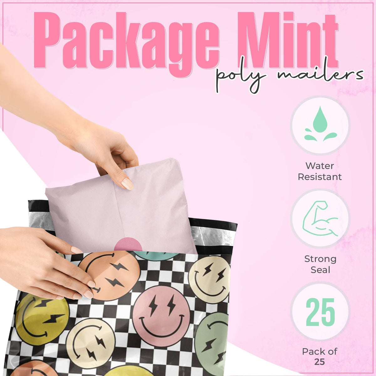Package Mint 19x24 Poly Mailers - 25 Pack Smiles Checkerboard Design Poly Mailers Shipping Bags - Waterproof, Tear-Resistant, Self-Adhesive Seal - Decorative Mailing Bags for Clothes, Accessories