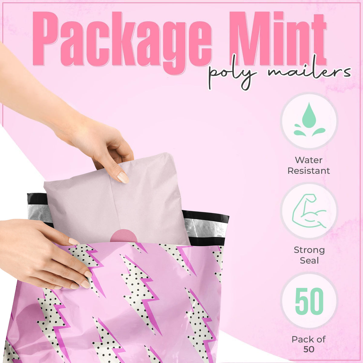 Package Mint 19x24 Poly Mailers - 50 Pack Lightning Bolt Design Poly Mailers Shipping Bags - Waterproof, Tear-Resistant, Self-Adhesive Seal - Decorative Mailing Bags for Clothes, Accessories