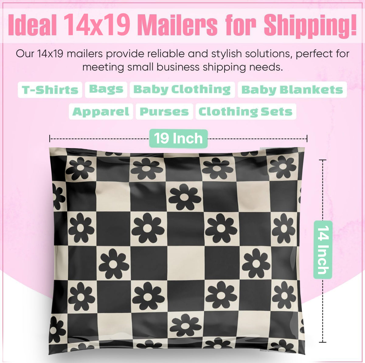 Package Mint 14x19 Poly Mailers - 100 Pack Daisy Checkerboard Design Poly Mailers Shipping Bags - Waterproof, Tear-Resistant, Self-Adhesive Seal - Decorative Mailing Bags for Clothes, Accessories