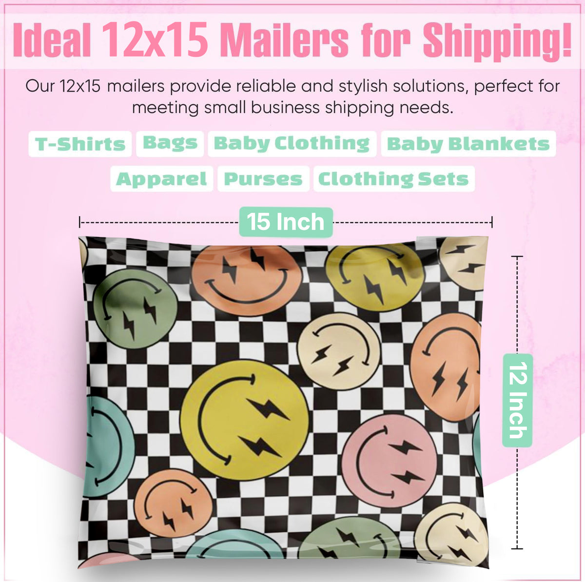 Package Mint 12x15 Poly Mailers - 50 Pack Smiles Checkerboard Design Poly Mailers Shipping Bags - Waterproof, Tear-Resistant, Self-Adhesive Seal - Decorative Mailing Bags for Clothes, Accessories