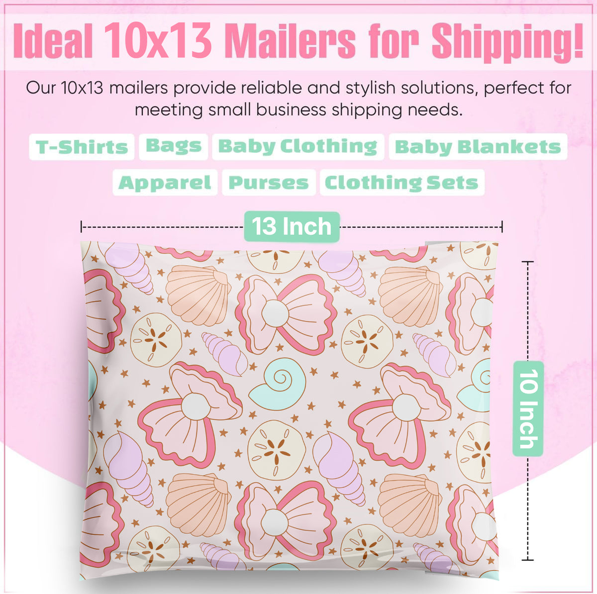 Package Mint Poly Mailers 10x13 - 100 Pack Coastal Seashells Design Poly Mailers Shipping Bags - Waterproof, Tear-Resistant, Self-Adhesive Seal - Decorative Mailing Bags for Clothes, Accessories
