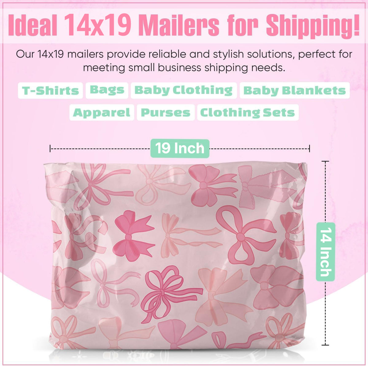 Package Mint 14x19 Poly Mailers - 100 Pack Bows Design Poly Mailers Shipping Bags - Waterproof, Tear-Resistant, Self-Adhesive Seal - Decorative Mailing Bags for Clothes, Accessories
