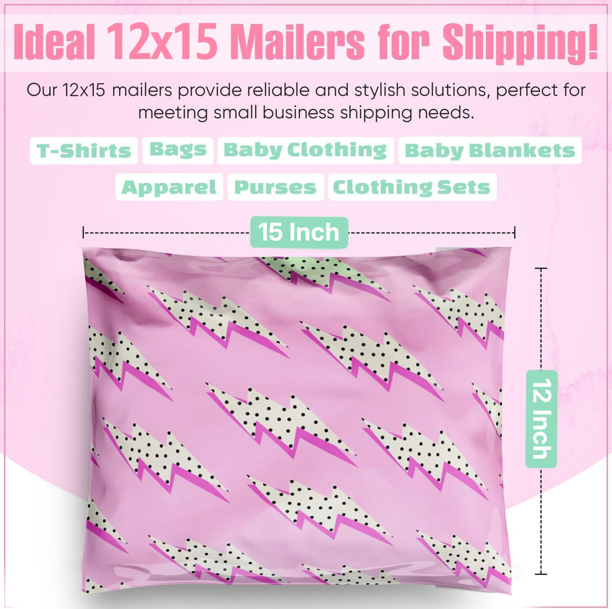 Package Mint 12x15 Poly Mailers - 50 Pack Lightning Bolt Design Poly Mailers Shipping Bags - Waterproof, Tear-Resistant, Self-Adhesive Seal - Decorative Mailing Bags for Clothes, Accessories