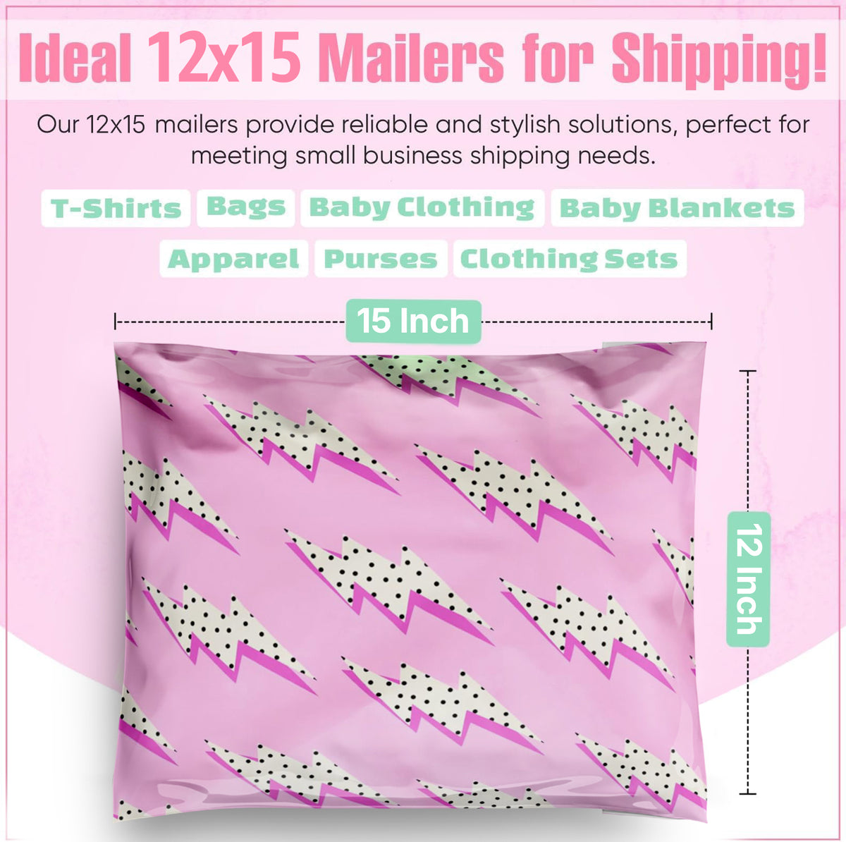Package Mint 12x15 Poly Mailers - 100 Pack Lightning Bolt Design Poly Mailers Shipping Bags - Waterproof, Tear-Resistant, Self-Adhesive Seal - Decorative Mailing Bags for Clothes, Accessories