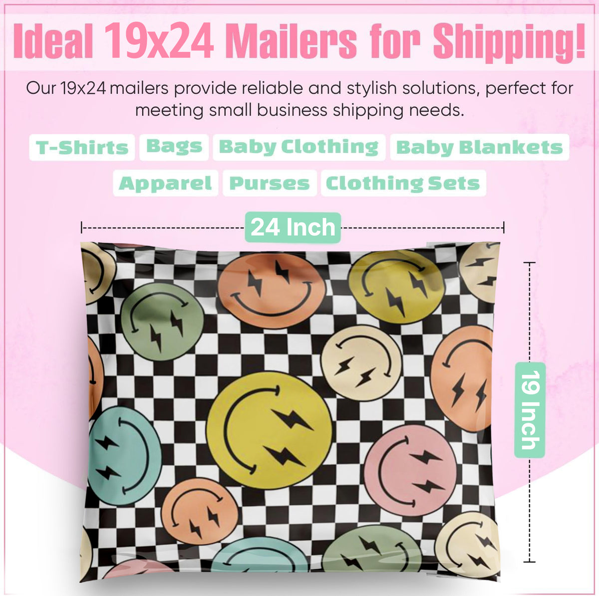 Package Mint 19x24 Poly Mailers - 50 Pack Smiles Checkerboard Poly Mailers Shipping Bags - Waterproof, Tear-Resistant, Self-Adhesive Seal - Decorative Mailing Bags for Clothes, Accessories