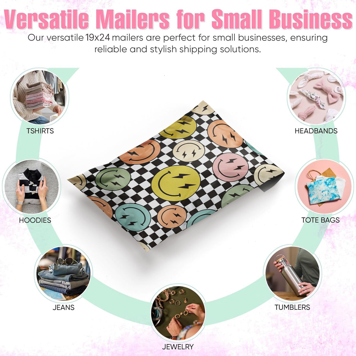 Package Mint 19x24 Poly Mailers - 25 Pack Smiles Checkerboard Design Poly Mailers Shipping Bags - Waterproof, Tear-Resistant, Self-Adhesive Seal - Decorative Mailing Bags for Clothes, Accessories