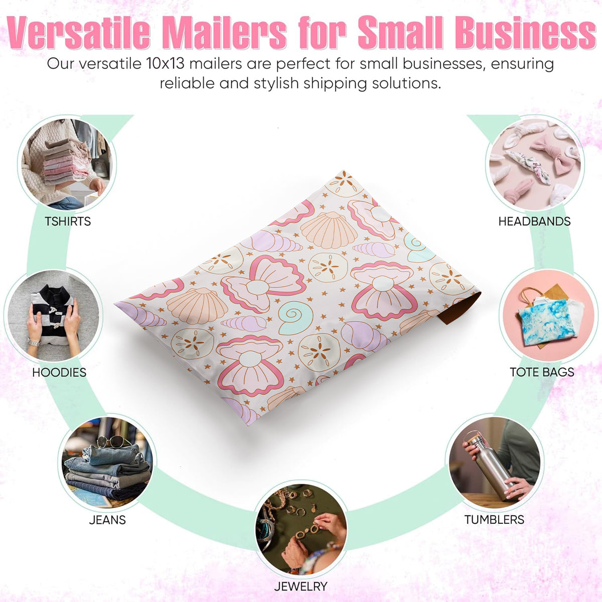 Package Mint Poly Mailers 10x13 - 100 Pack Coastal Seashells Design Poly Mailers Shipping Bags - Waterproof, Tear-Resistant, Self-Adhesive Seal - Decorative Mailing Bags for Clothes, Accessories