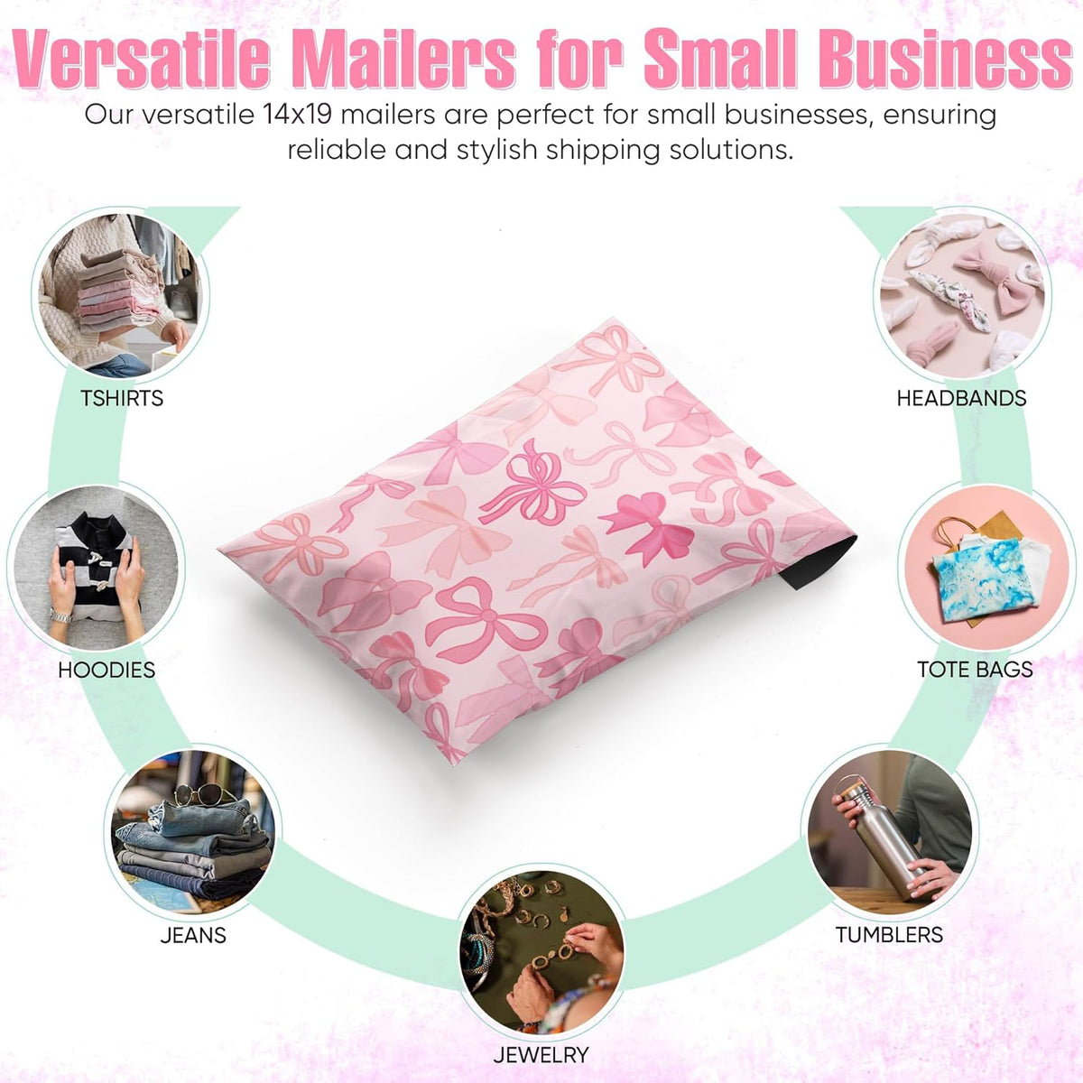 Package Mint 14x19 Poly Mailers - 100 Pack Bows Design Poly Mailers Shipping Bags - Waterproof, Tear-Resistant, Self-Adhesive Seal - Decorative Mailing Bags for Clothes, Accessories