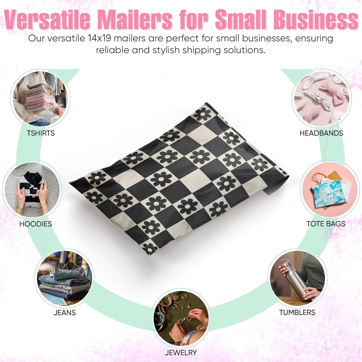 Package Mint 14x19 Poly Mailers - 100 Pack Daisy Checkerboard Design Poly Mailers Shipping Bags - Waterproof, Tear-Resistant, Self-Adhesive Seal - Decorative Mailing Bags for Clothes, Accessories
