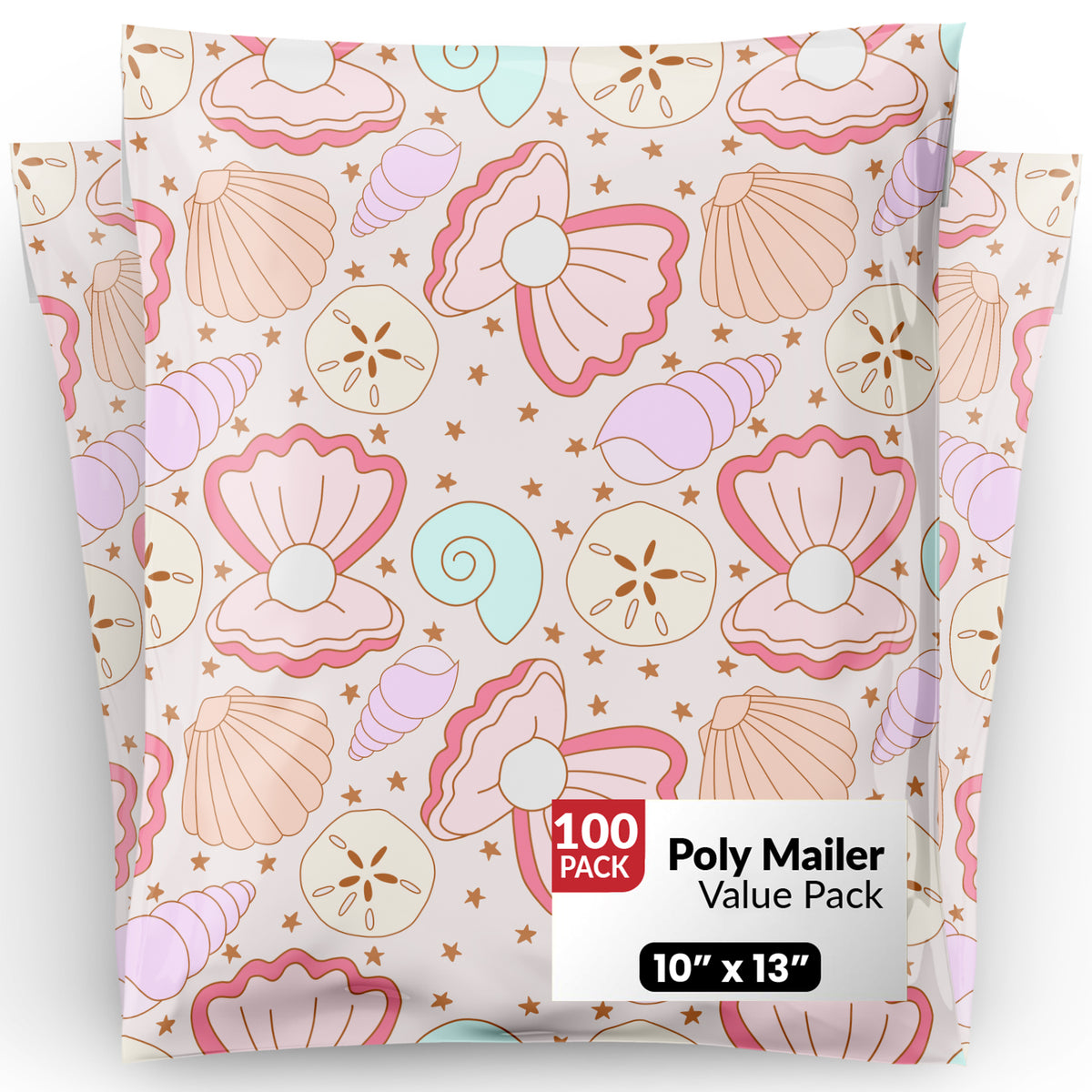 Package Mint Poly Mailers 10x13 - 100 Pack Coastal Seashells Design Poly Mailers Shipping Bags - Waterproof, Tear-Resistant, Self-Adhesive Seal - Decorative Mailing Bags for Clothes, Accessories