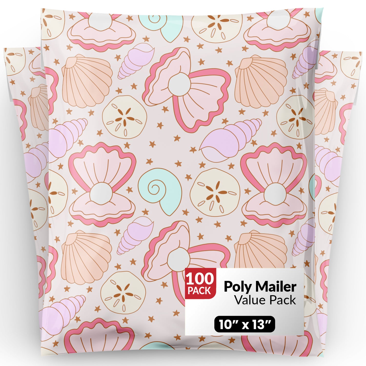 Package Mint Poly Mailers 10x13 - 100 Pack Coastal Seashells Design Poly Mailers Shipping Bags - Waterproof, Tear-Resistant, Self-Adhesive Seal - Decorative Mailing Bags for Clothes, Accessories