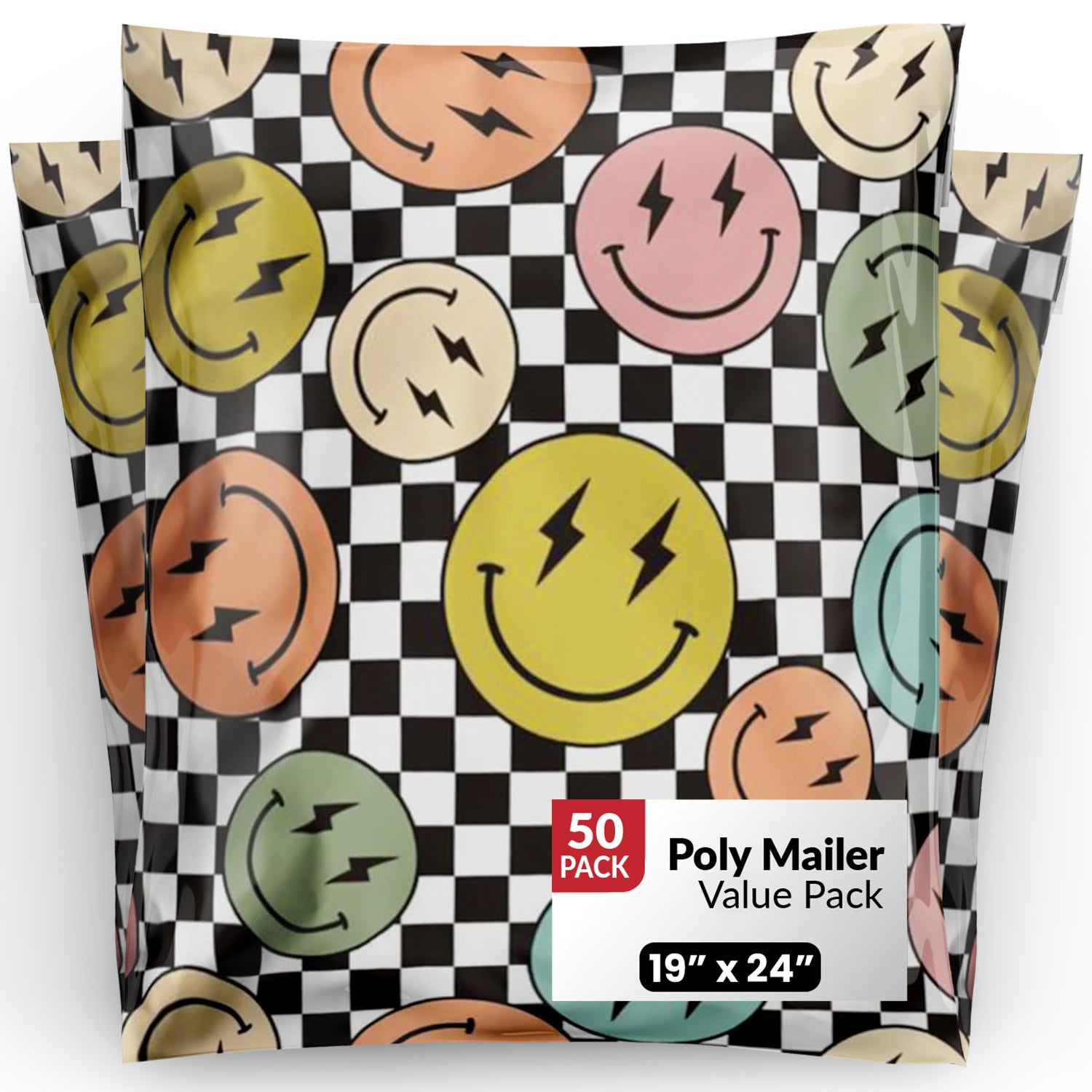 Package Mint 19x24 Poly Mailers - 50 Pack Smiles Checkerboard Poly Mailers Shipping Bags - Waterproof, Tear-Resistant, Self-Adhesive Seal - Decorative Mailing Bags for Clothes, Accessories