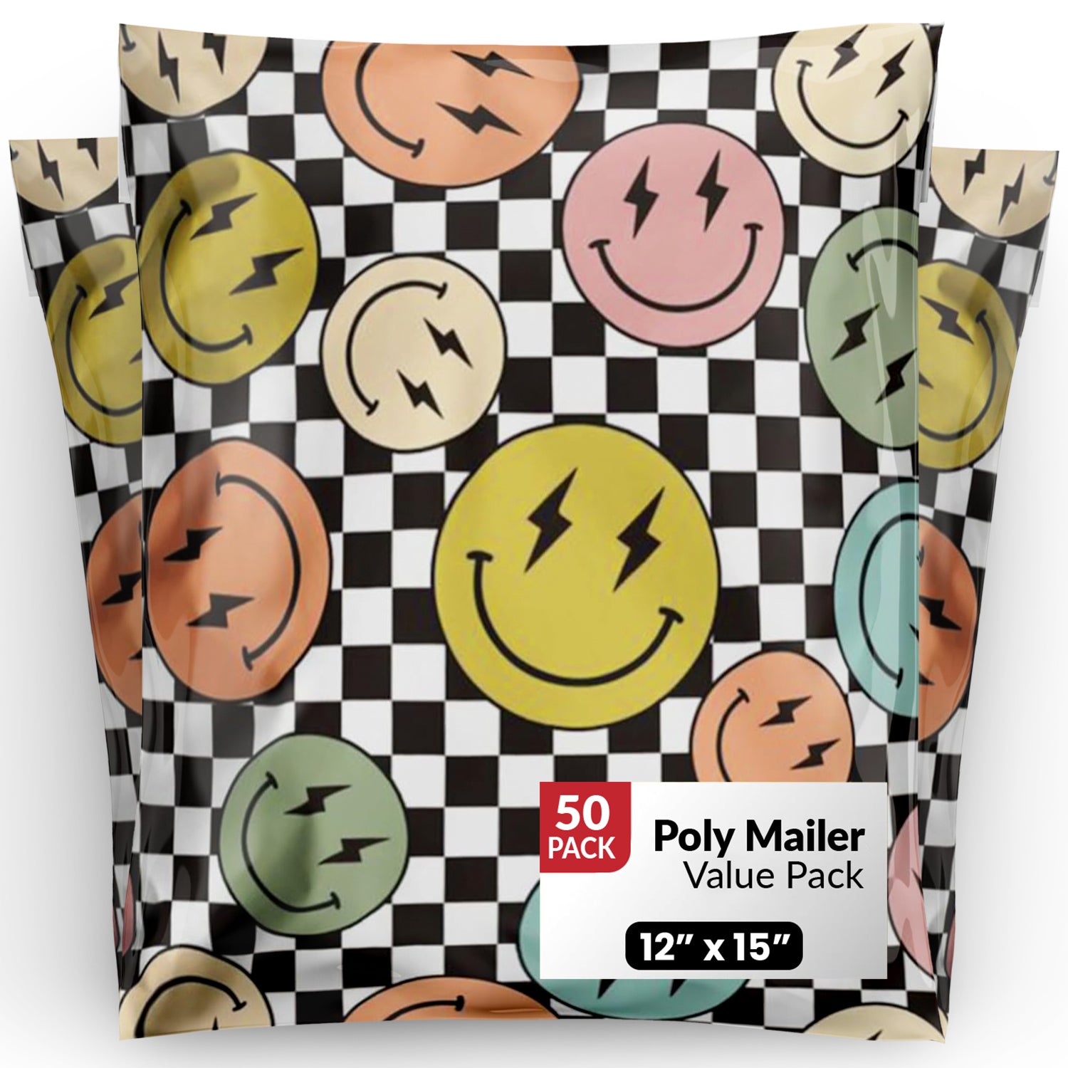 Package Mint 12x15 Poly Mailers - 50 Pack Smiles Checkerboard Design Poly Mailers Shipping Bags - Waterproof, Tear-Resistant, Self-Adhesive Seal - Decorative Mailing Bags for Clothes, Accessories